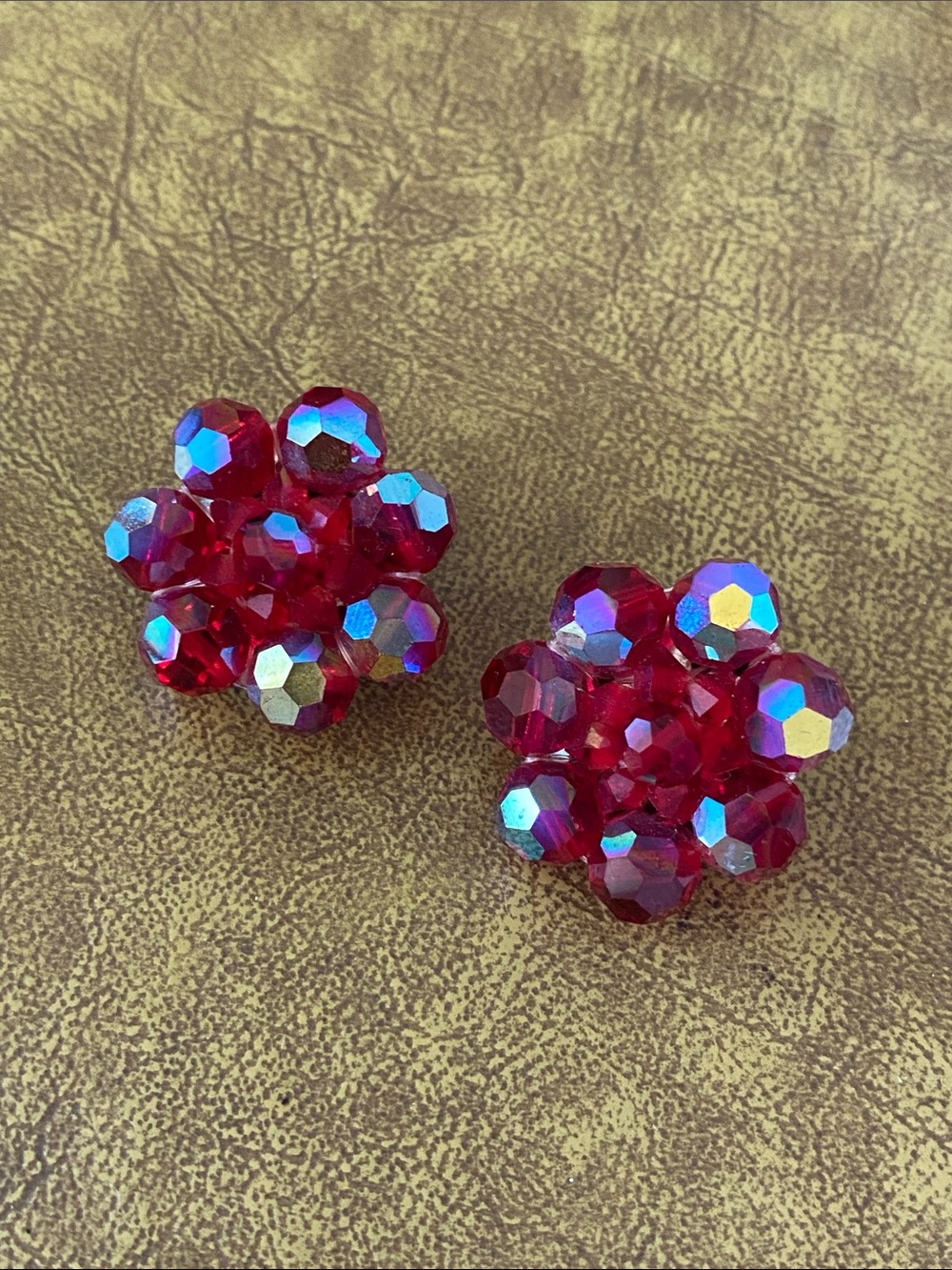 Vintage 50s Red Aurora Borealis Cluster Bead Earrings